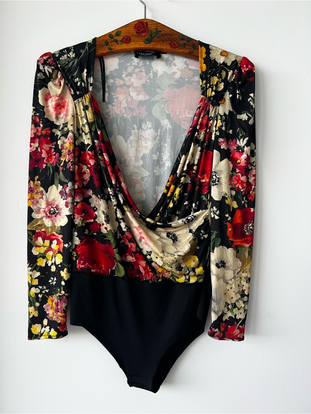 Zara Black Floral Drape-Front Long Sleeve Bodysuit